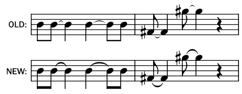 Screenshot of note ties in music notation, before and after