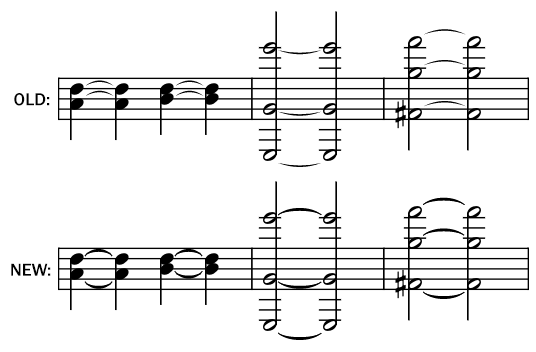 Screenshot of note ties in music notation, before and after